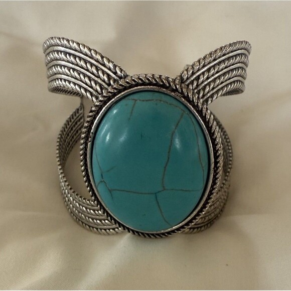 Turquoise Colored Dyed Stone WIDE Statement CUFF Bracelet Silver Tone Art Deco - Picture 2 of 7